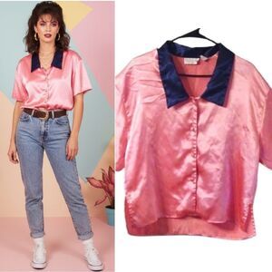 Victoria's Secret 1980s Pink Blue Satin Colorblock Button Up Blouse SZ Small